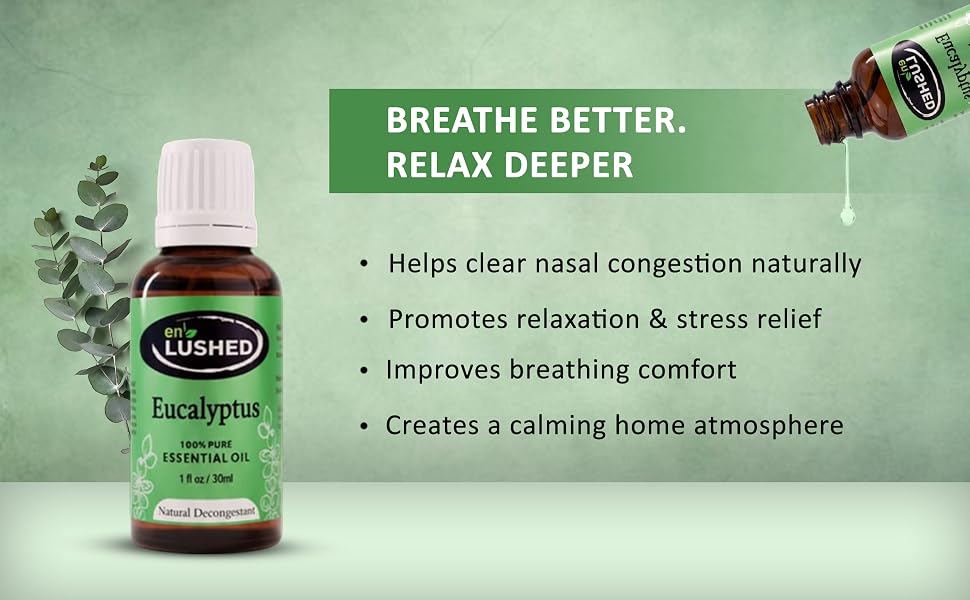 Enlushed Eucalyptus essential oil graphic: breathe better, relax deeper, natural decongestant benefits