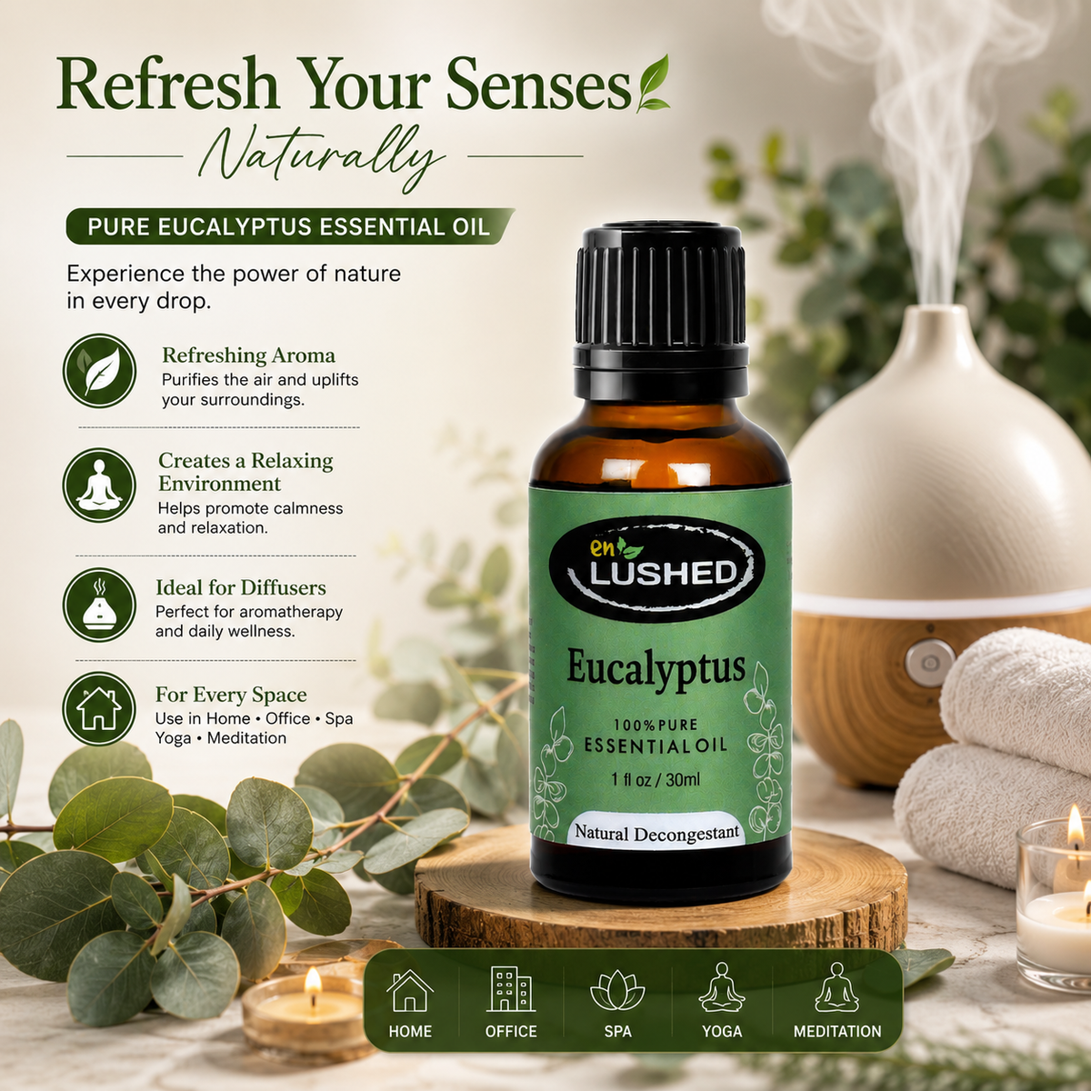 Enlushed Eucalyptus essential oil infographic: refreshing aroma, relaxation, ideal for diffusers