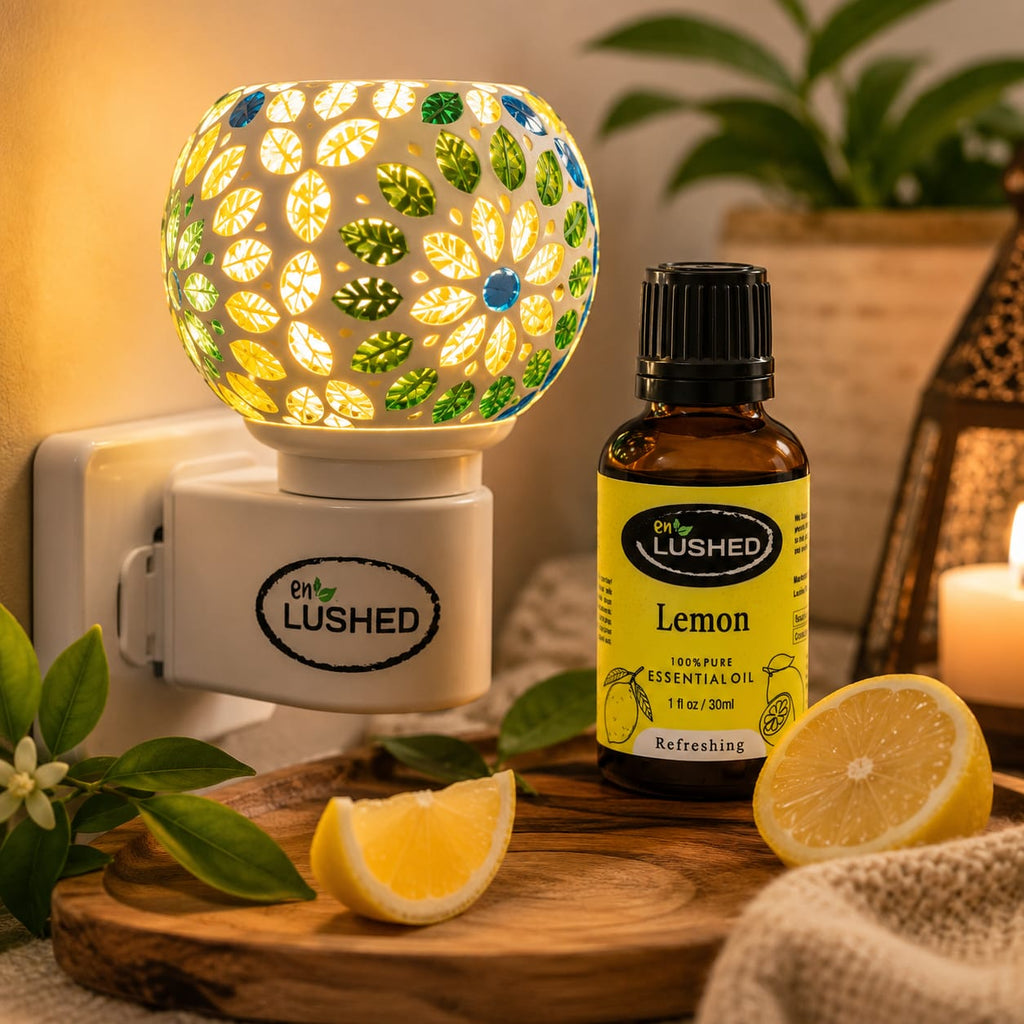 Plug-in ceramic aroma diffuser lamp beside Enlushed Lemon essential oil bottle with fresh lemon slices