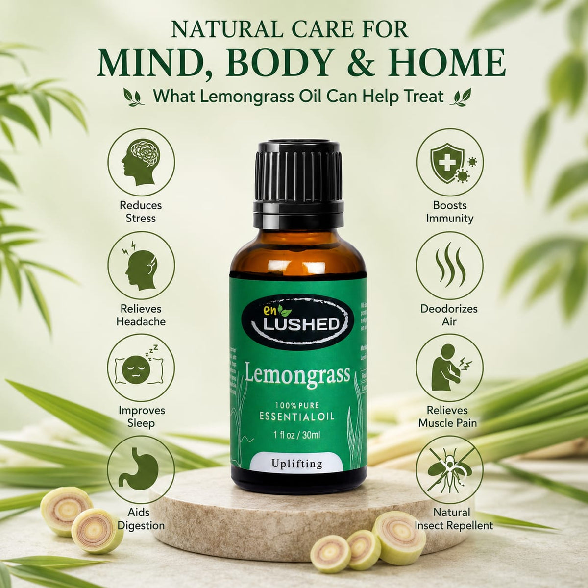 Enlushed Lemongrass essential oil infographic: reduces stress, relieves headache, improves sleep, aids digestion