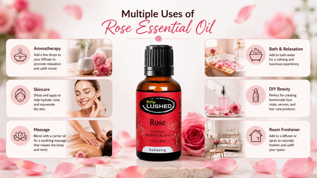 Infographic showing multiple uses of Enlushed Rose essential oil for aromatherapy, skincare, and room freshening