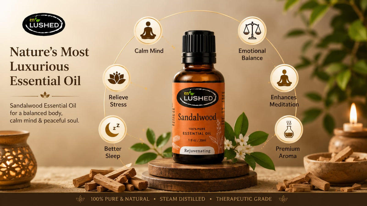 Infographic for Enlushed Sandalwood essential oil listing calming, sleep, and meditation benefits