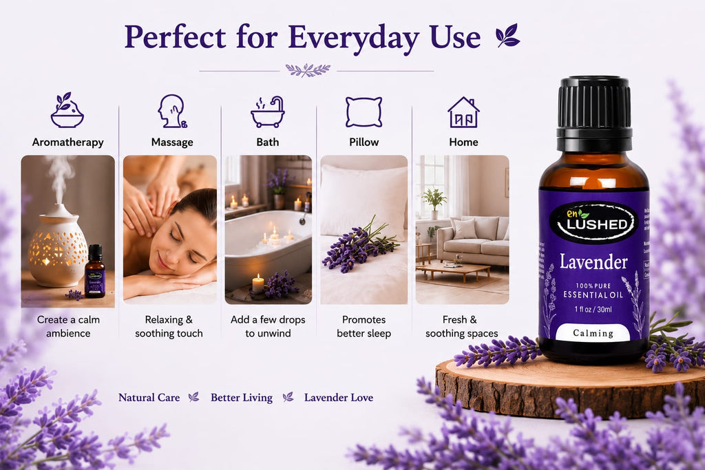 Enlushed Lemongrass essential oil infographic listing benefits: boosts immunity, deodorizes air, relieves muscle pain, repels insects