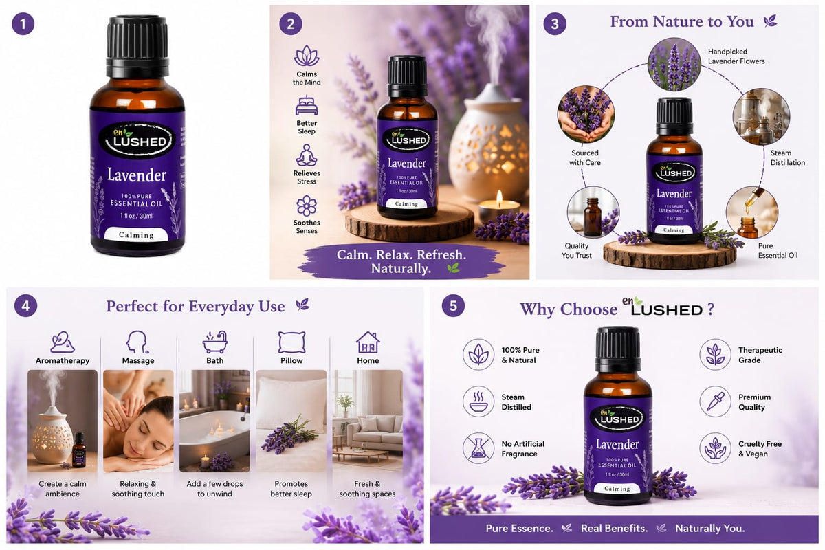 Collage of Enlushed Lavender essential oil bottle with calming, sourcing, and everyday-use benefits