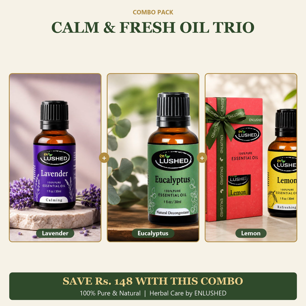 ENLUSHED Calm and Fresh Oil Trio with lavender, eucalyptus and lemon essential oils