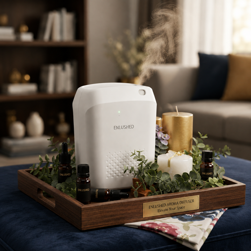 A white ENLUSHED diffuser sits in a wooden tray with candles, greenery, and essential oil bottles in a styled living room setting.