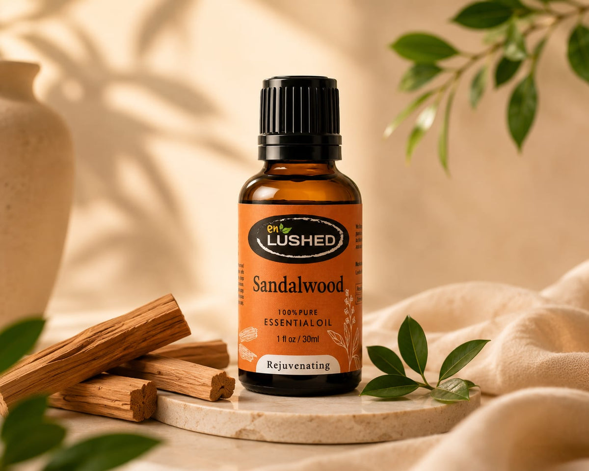 Enlushed Sandalwood Essential Oil bottle with fresh green leaves
