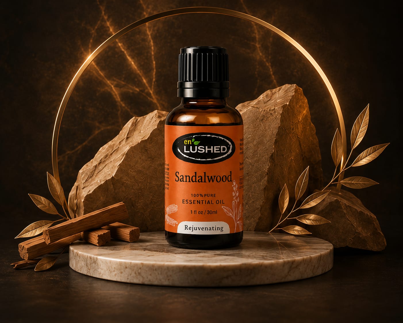 Pure Sandalwood Essential Oil bottle on stone pedestal, dark aesthetic