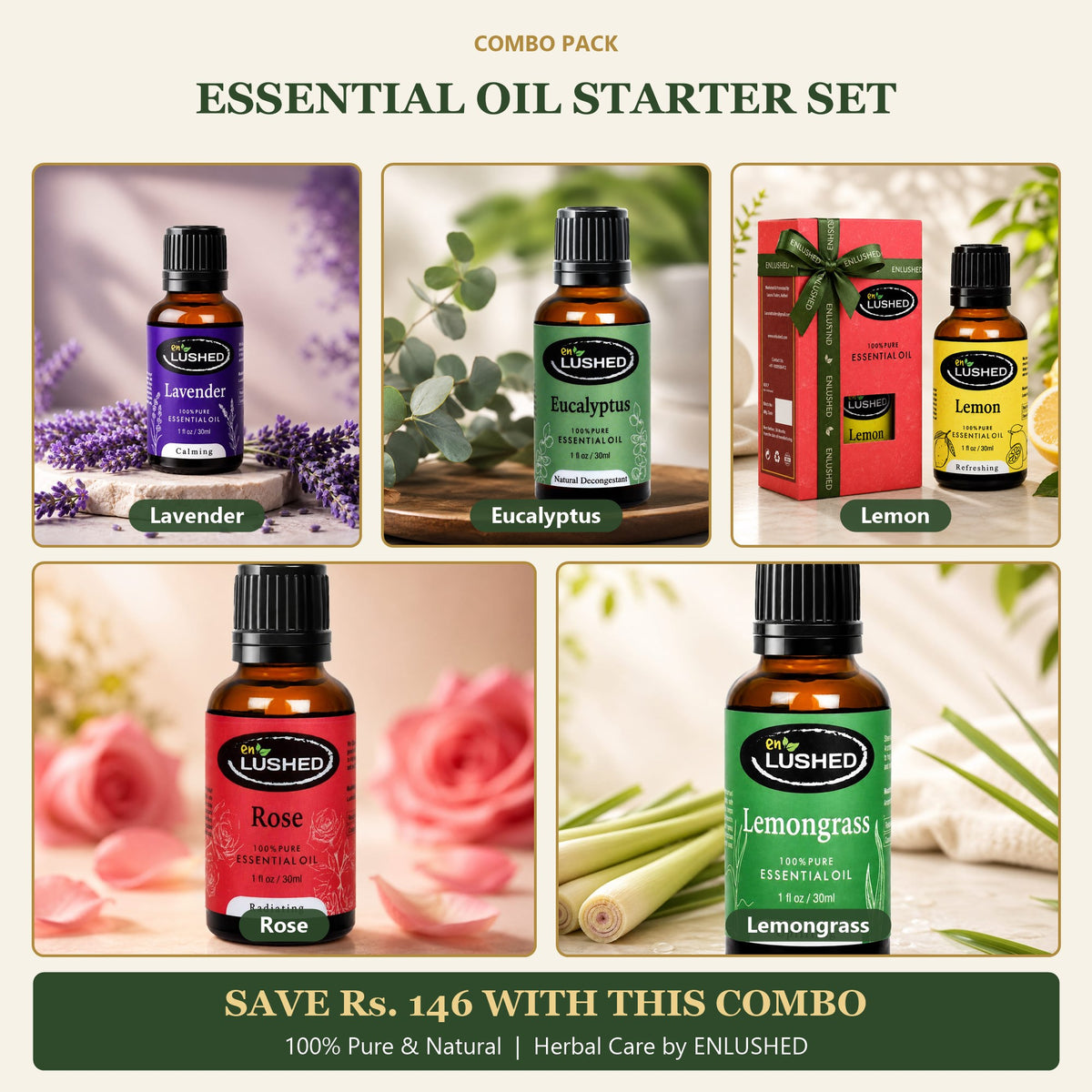 ENLUSHED Essential Oil Starter Set with lavender, eucalyptus, lemon, rose and lemongrass oils