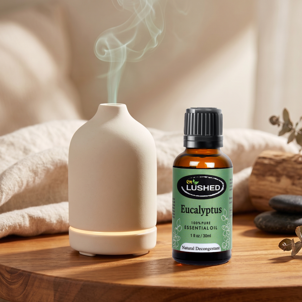 Eucalyptus essential oil for diffuser with steam and calming ambience