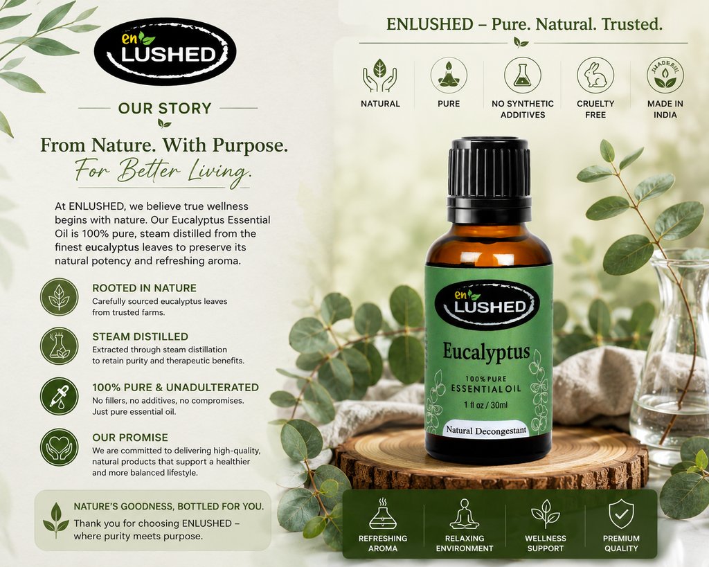 Natural decongestant essential oil bottle with eucalyptus leaves on wooden tray