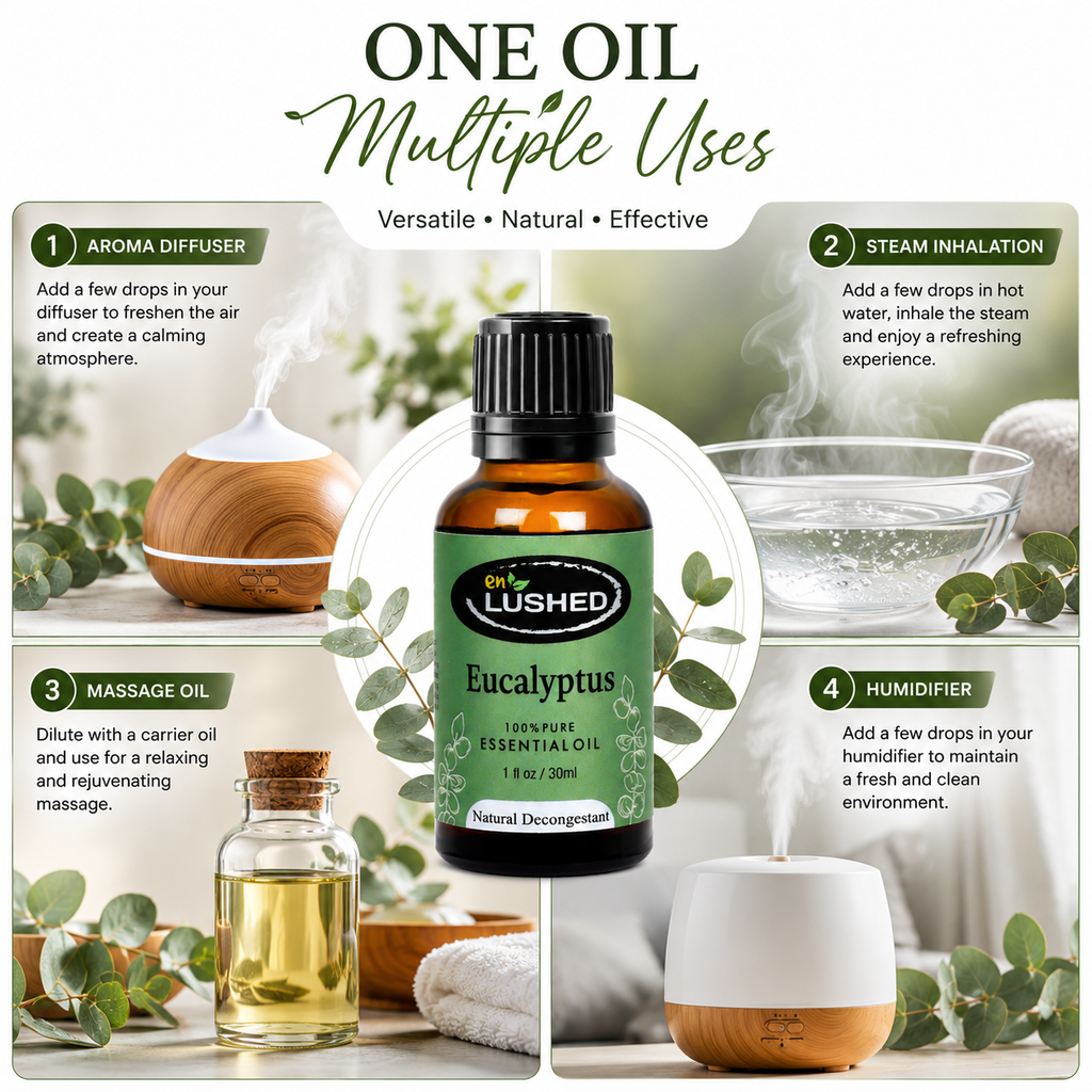Eucalyptus oil for cough, muscle pain relief, and household uses infographic