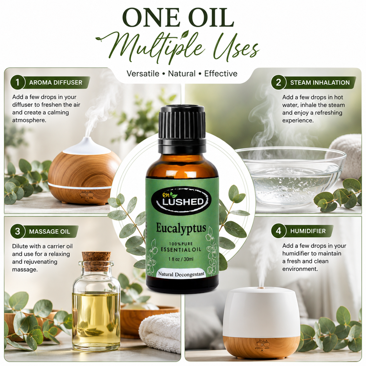 Eucalyptus oil for cough, muscle pain relief, and household uses infographic