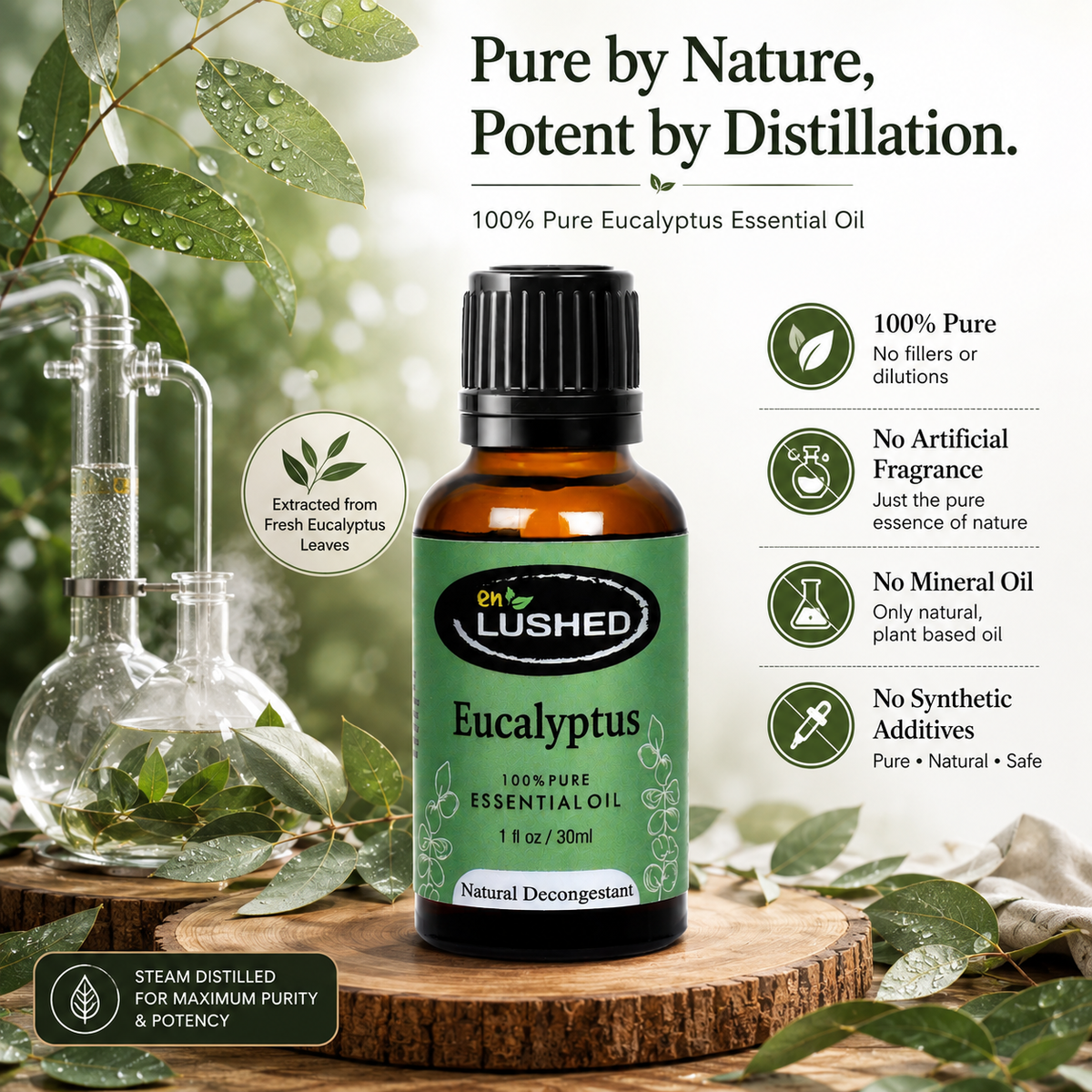 Pure eucalyptus oil steam-distilled for potency and natural purity