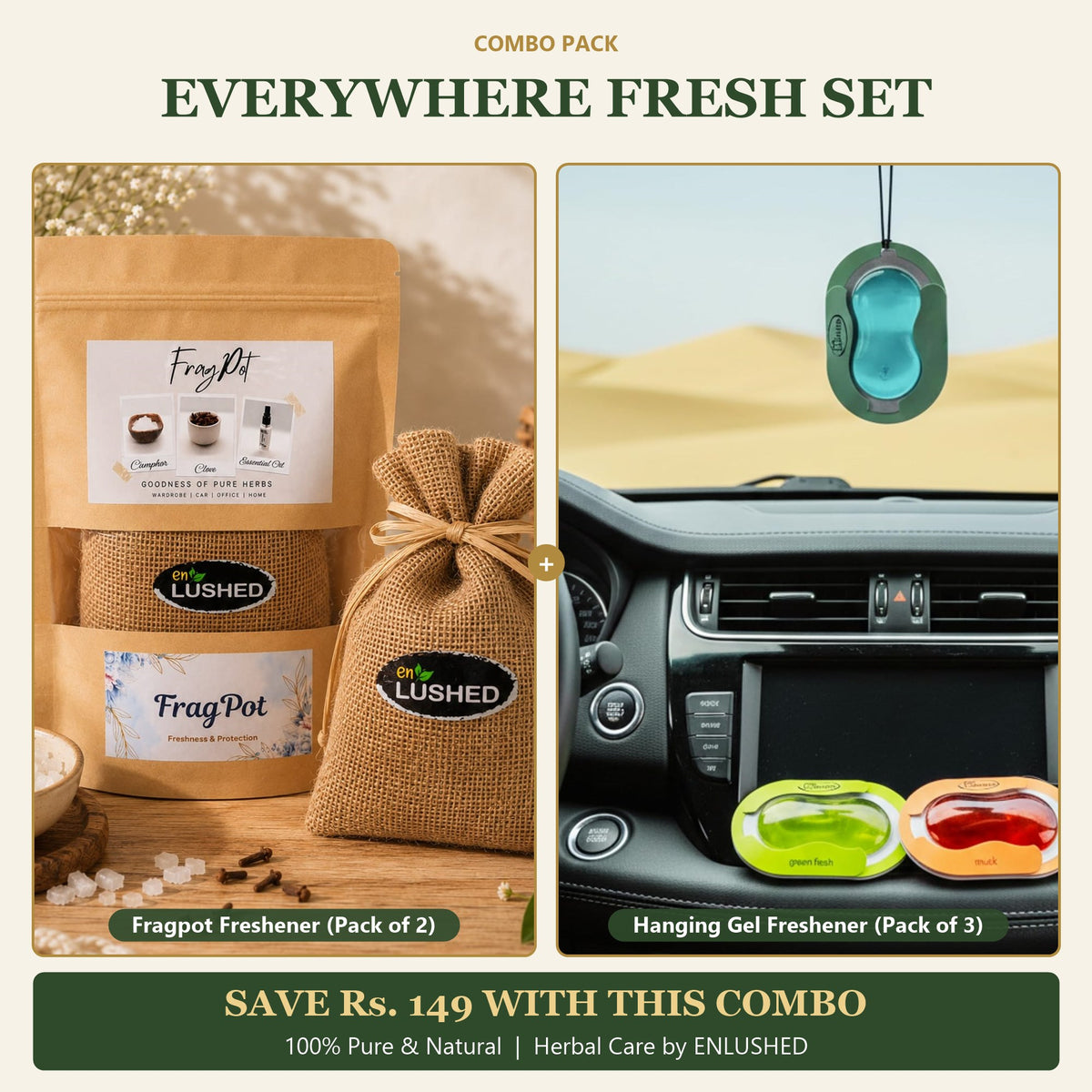 ENLUSHED Everywhere Fresh Set with Fragpot freshener pack of 2 and hanging gel freshener pack of 3