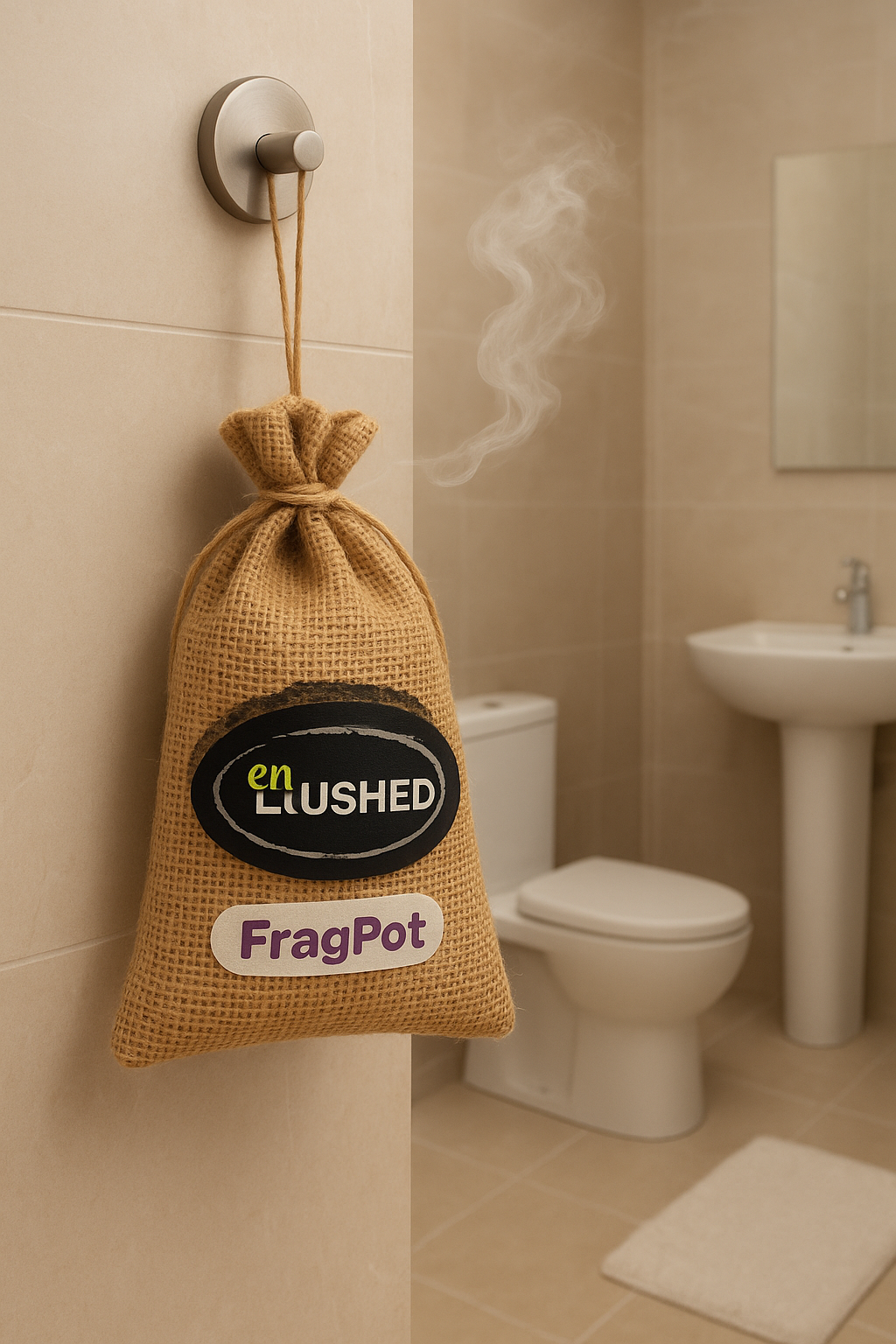 Fragpot Freshener hanging in bathroom for odor control