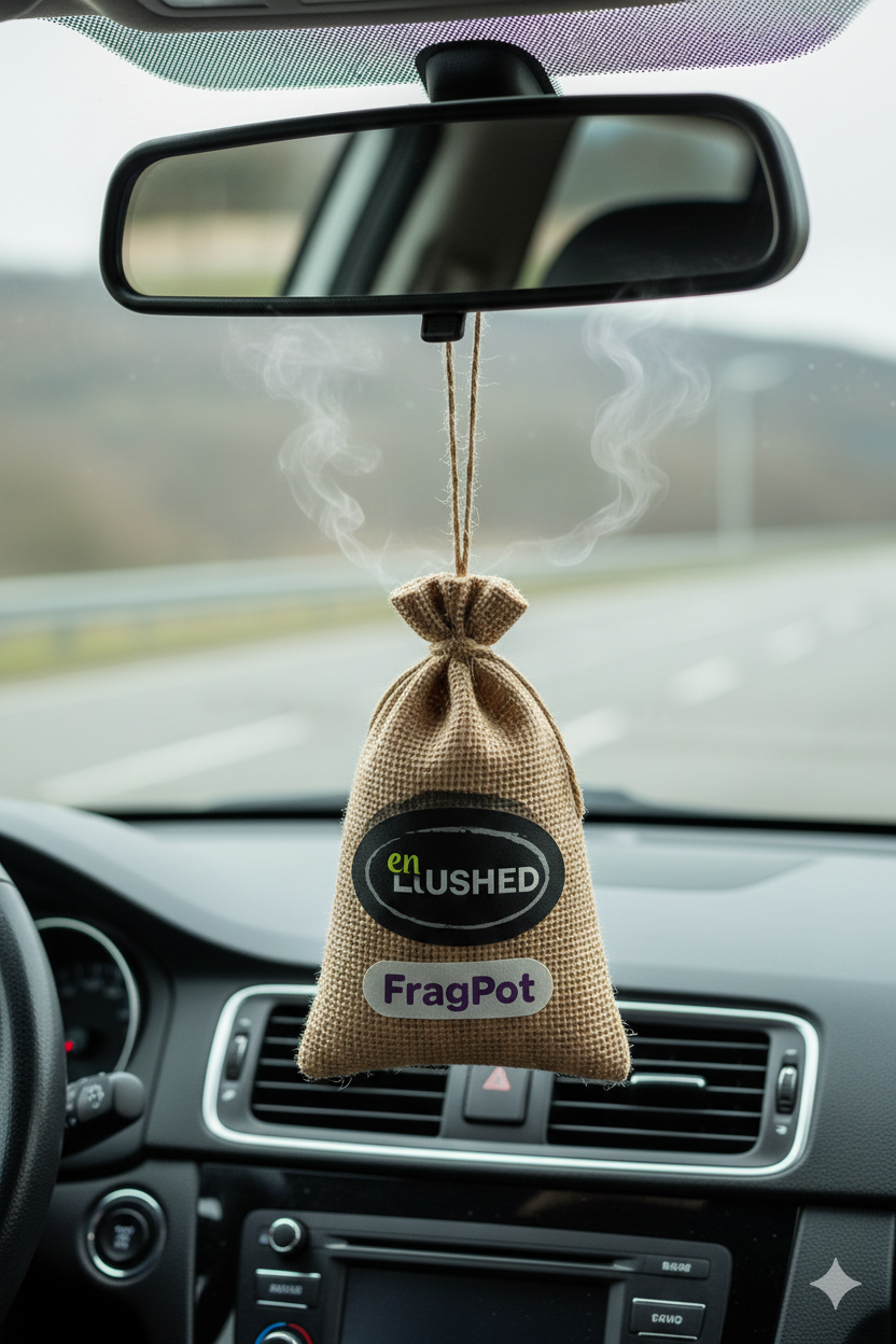 Fragpot Freshener sachet hanging from car rearview mirror