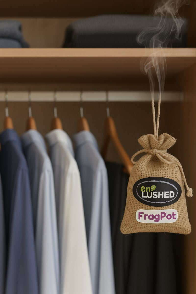Fragpot Freshener hanging on wardrobe hanger with clothes