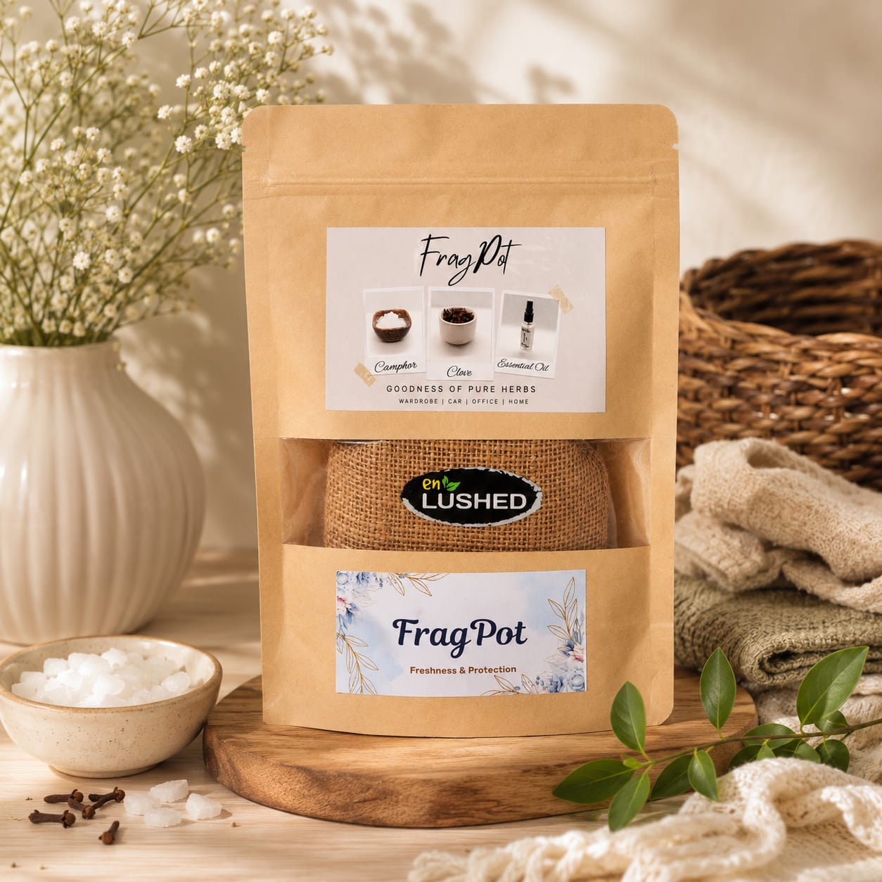 Fragpot Herbal Freshener with camphor clove among white flowers