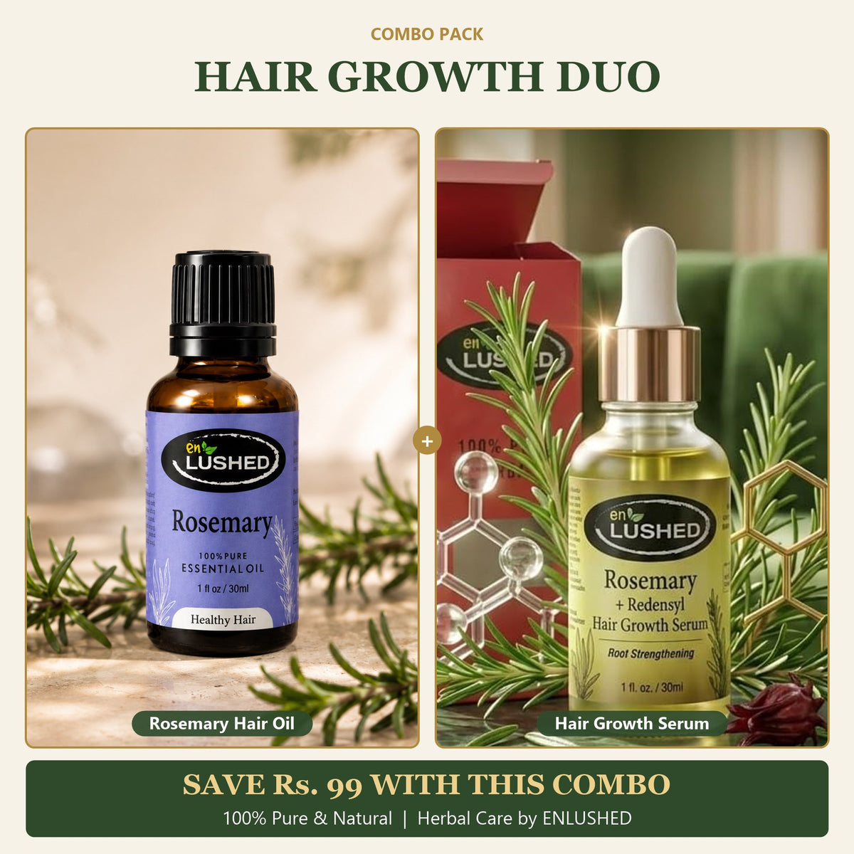 ENLUSHED Hair Growth Duo combo: rosemary essential oil and Rosemary + Redensyl hair growth serum