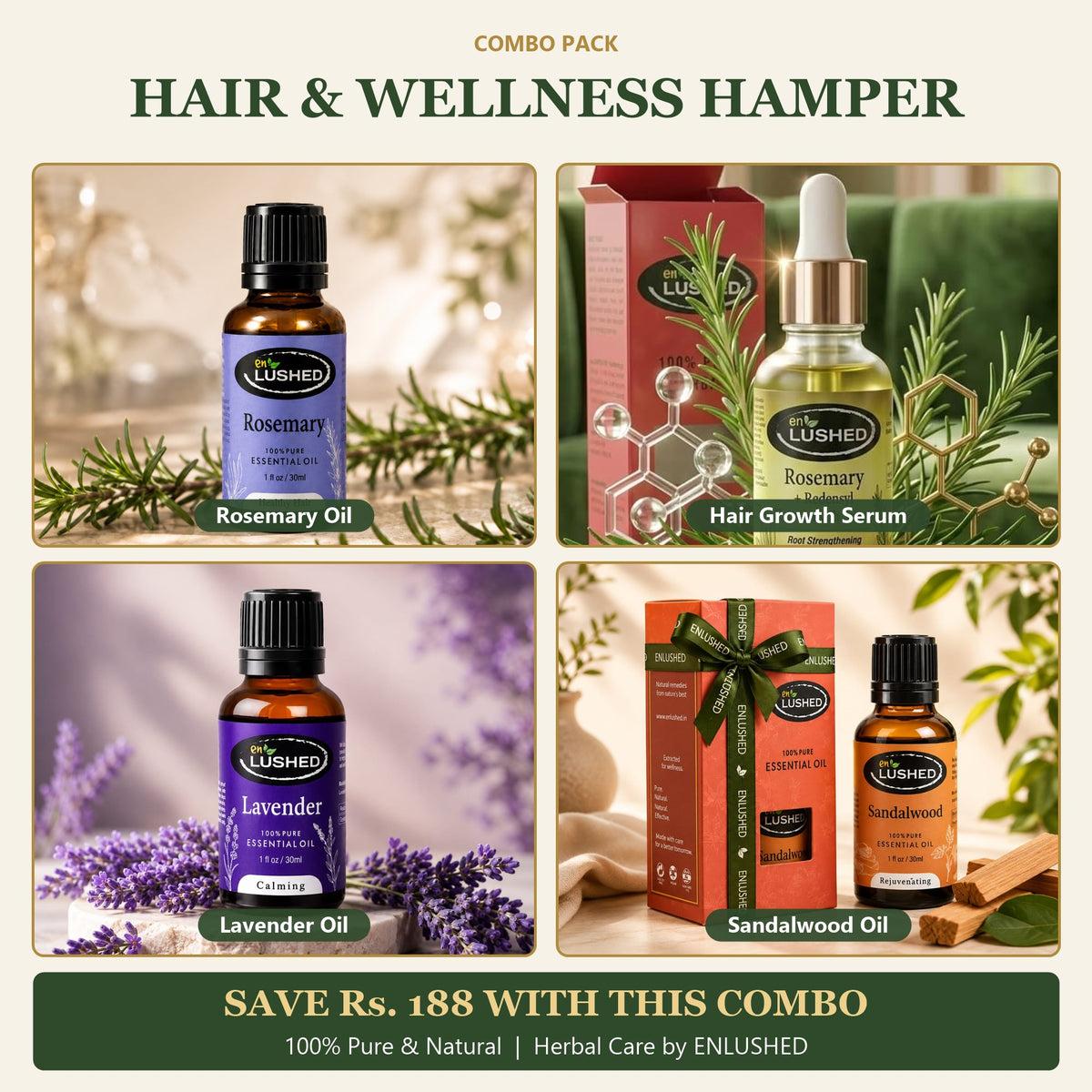 ENLUSHED Hair and Wellness Hamper with rosemary oil, hair growth serum, lavender and sandalwood oils