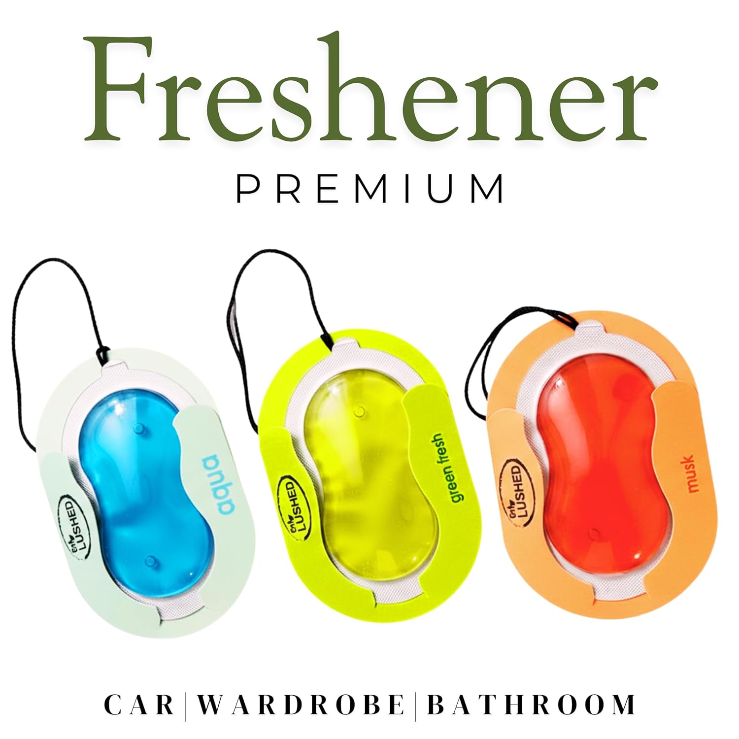 Multipurpose hanging air freshener pack of 3 – Aqua, Musk & Green Fresh variants for car, wardrobe & bathroom