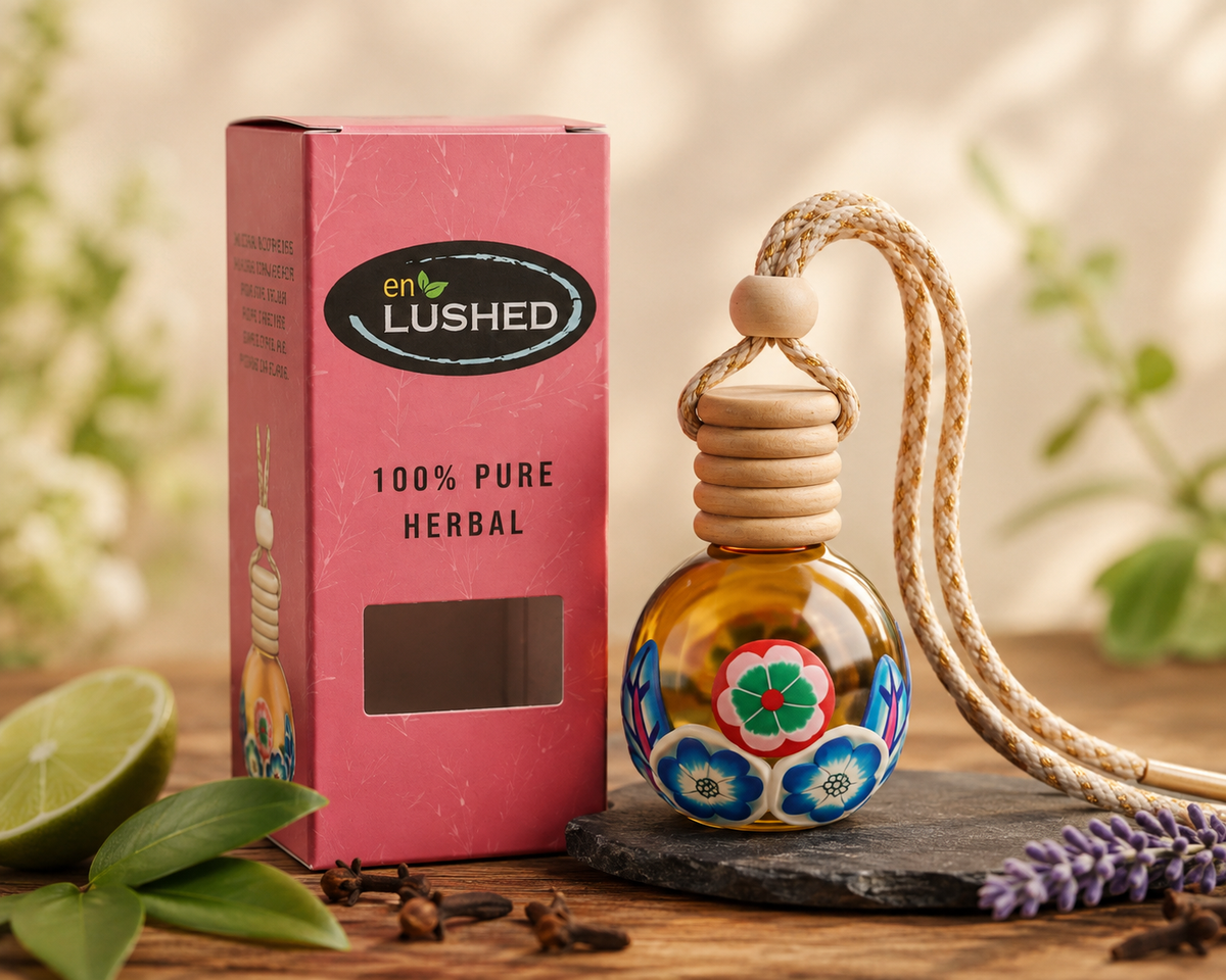 Enlushed Hanging Pod Freshener full product with wooden cap bottle