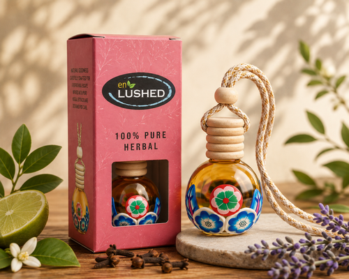 Hanging Pod Freshener glass bottle with wooden cap and retail box