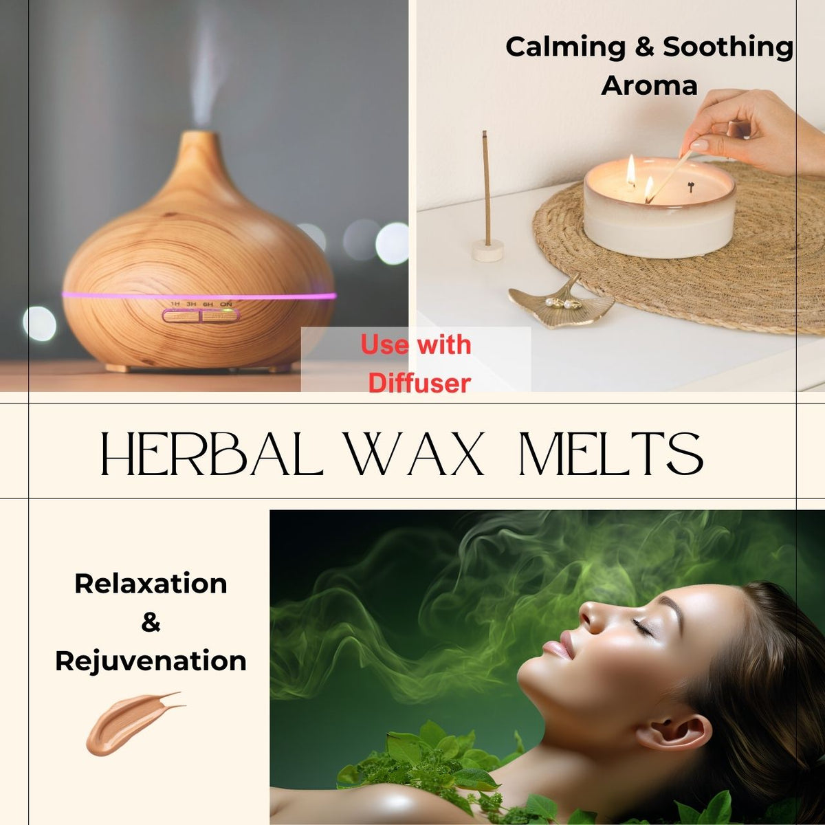 Herbal wax melts diffuser graphic for relaxation and rejuvenation