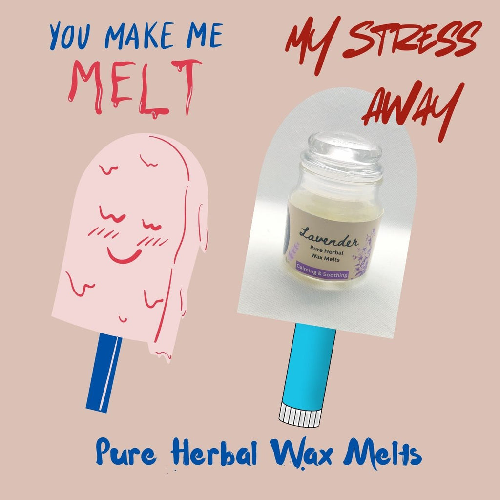 Graphic showing herbal wax melts for stress relief and calm