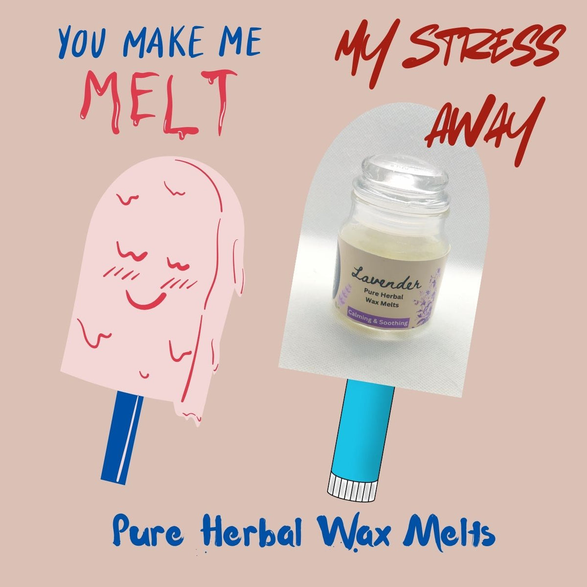 Graphic showing herbal wax melts for stress relief and calm