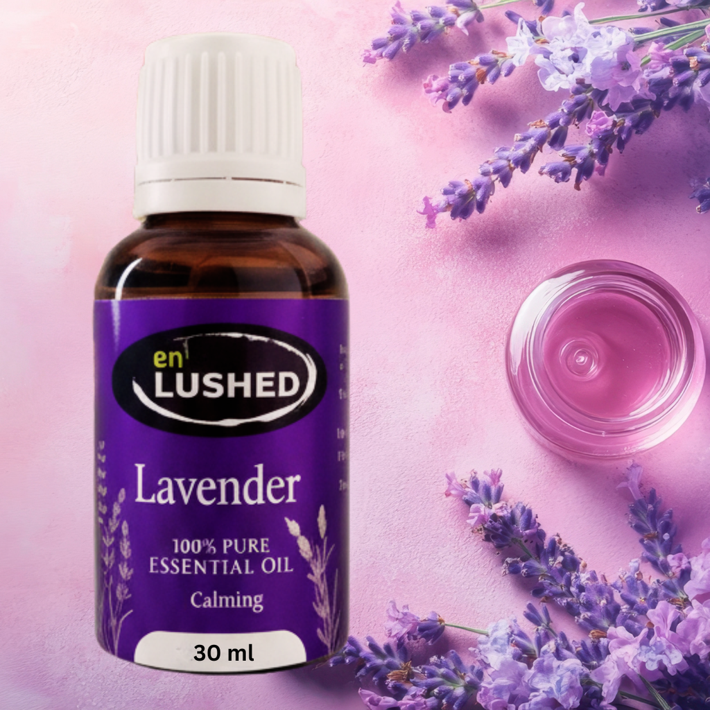 Lavender Essential Oil 30ml bottle with fresh lavender sprigs