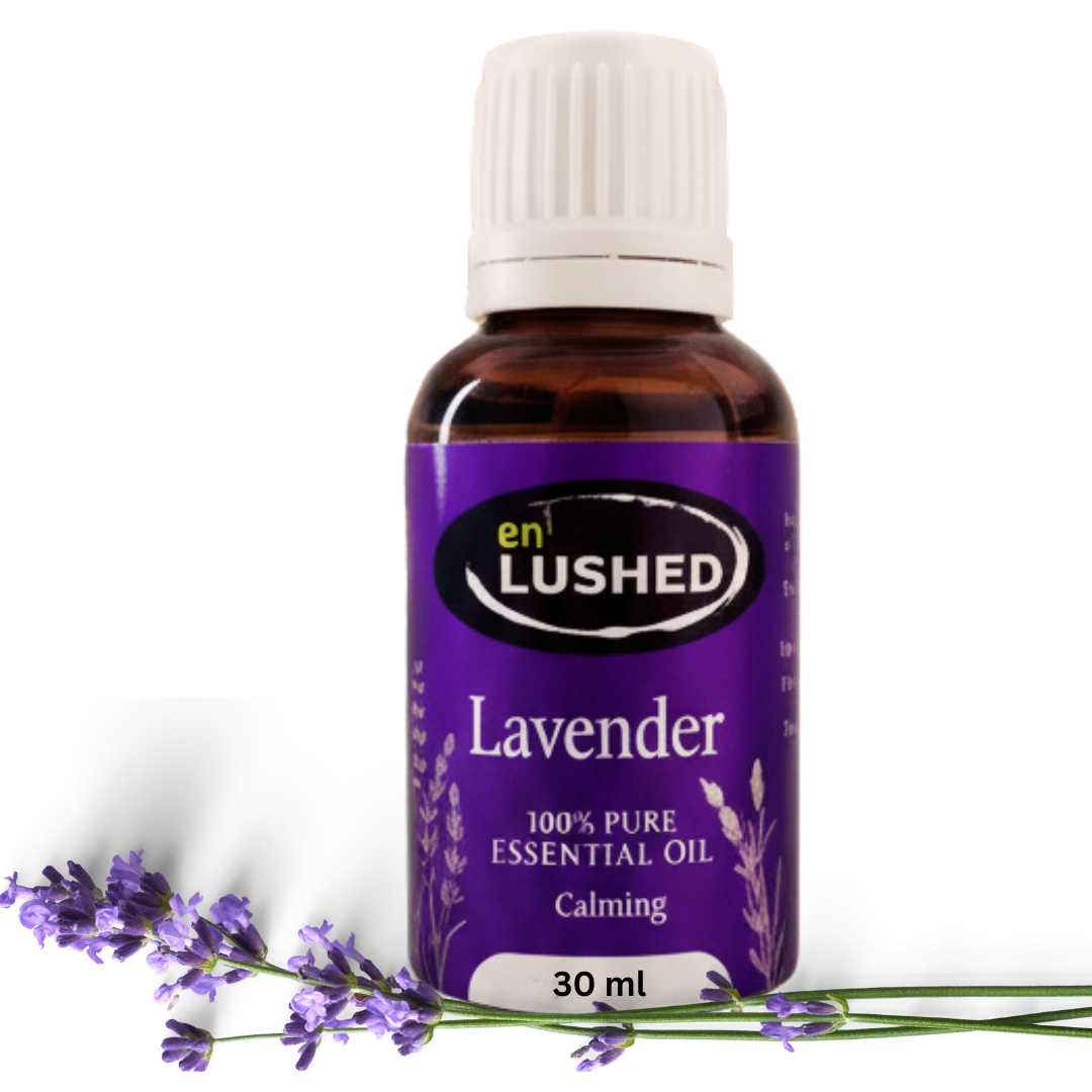 Lavender Essential Oil bottle styled with lavender sprigs