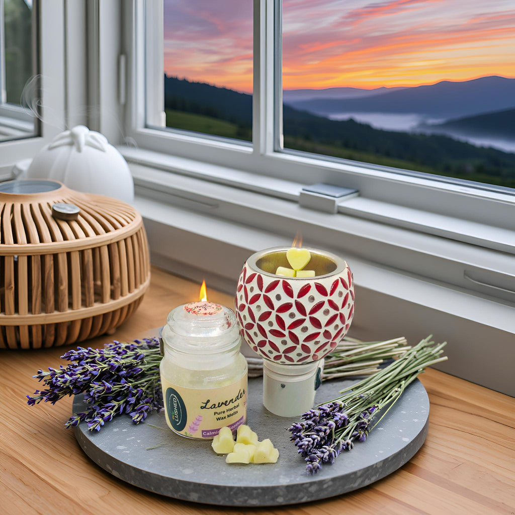 Lavender wax melts glowing in electric diffuser at sunset by window