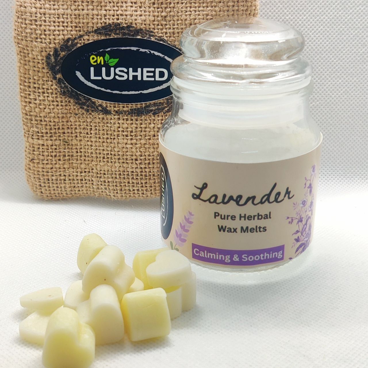 Close-up of lavender herbal wax melts jar label