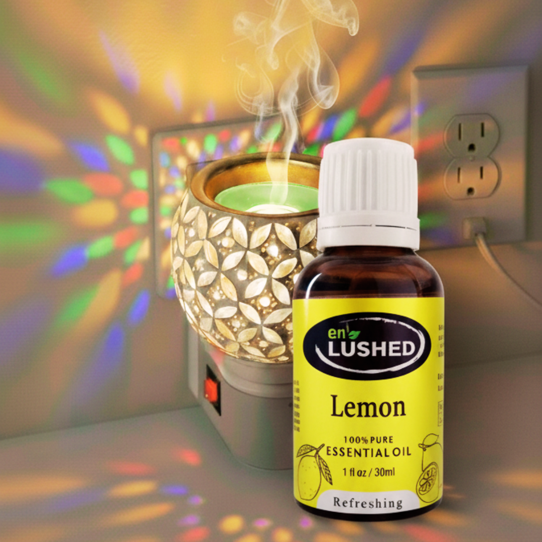 Lemon Essential Oil 30ml bottle with electric diffuser