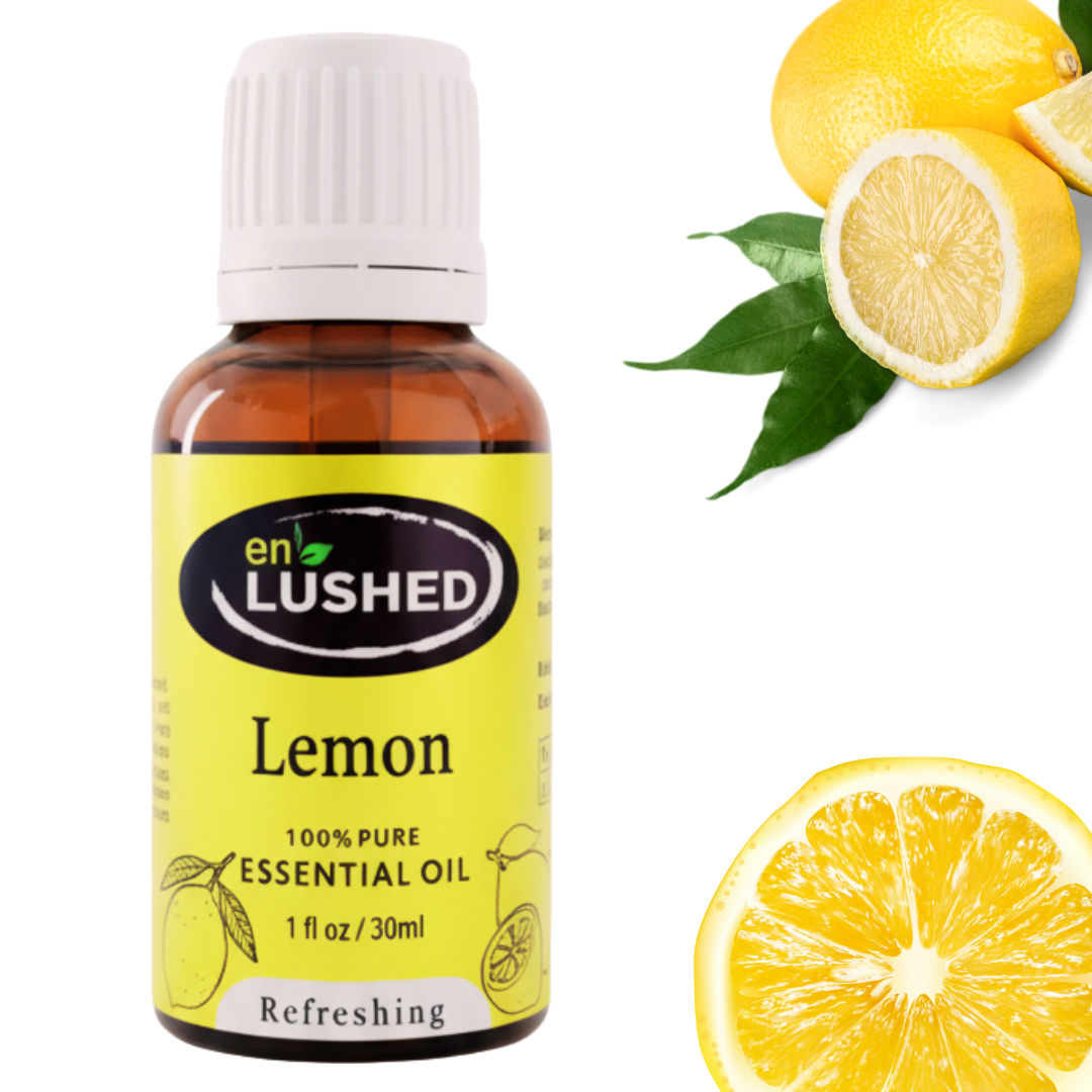 Lemon Essential Oil bottle styled with fresh lemon slices