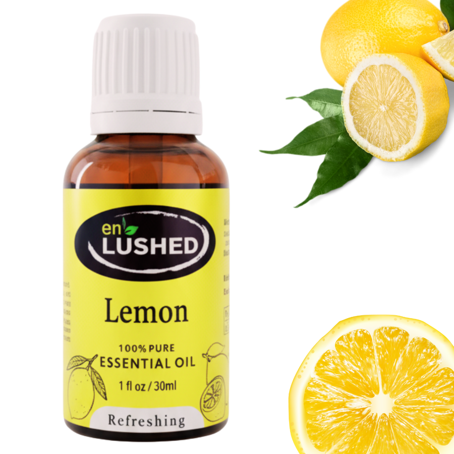 Lemon Essential Oil bottle styled with fresh lemon slices