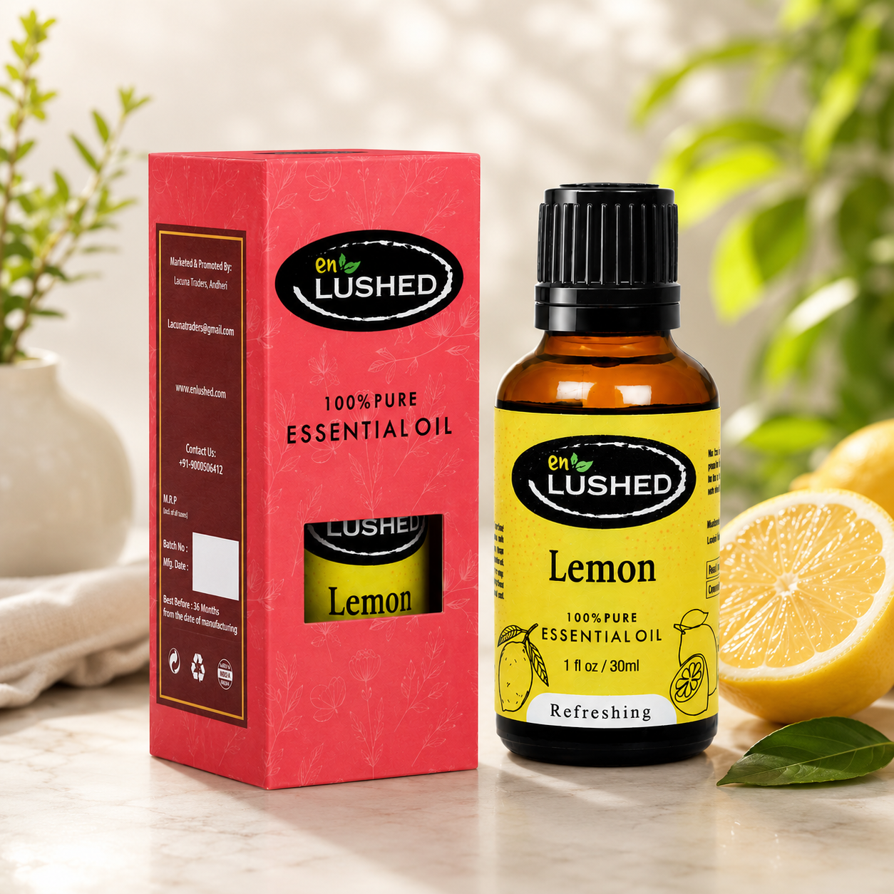 Lemon Essential Oil retail box with bottle for skin brightening