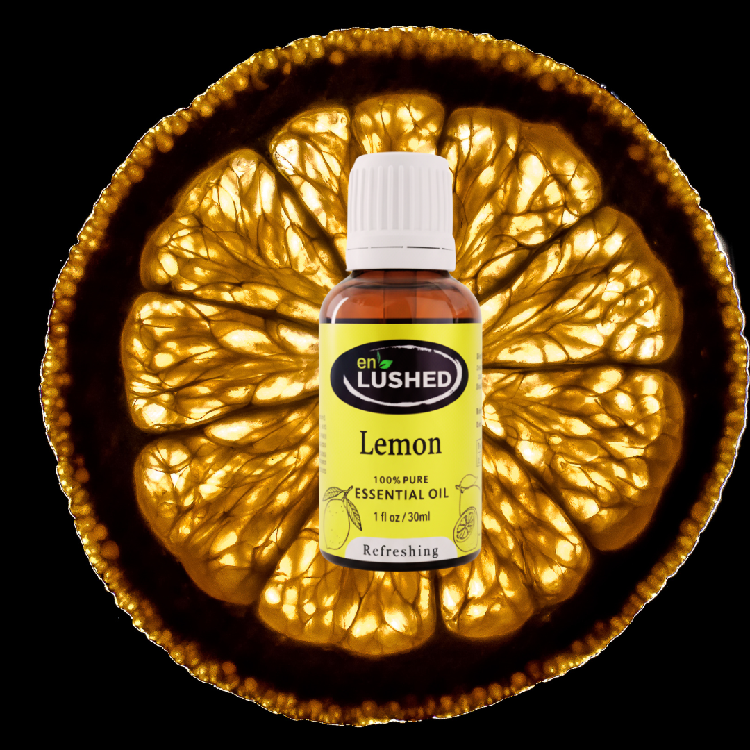 Lemon Essential Oil bottle on citrus slice background