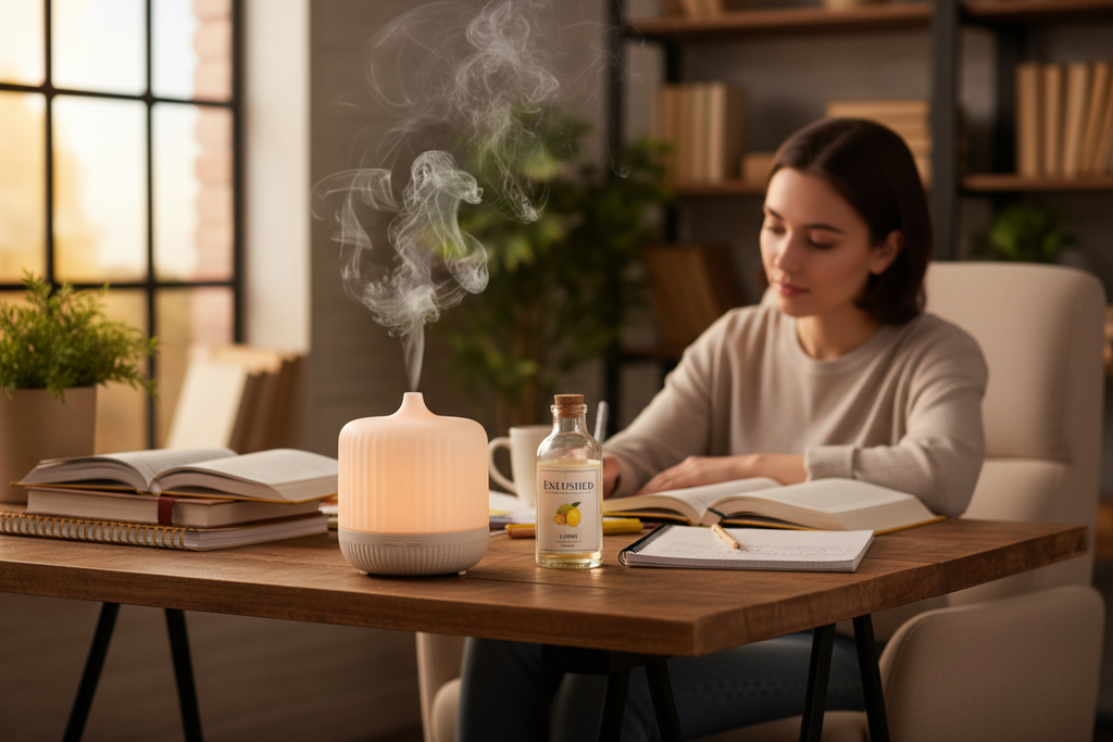 Lemon Essential Oil diffused at work desk for focus
