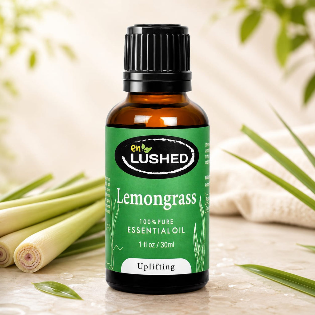 Lemongrass Essential Oil bottle with fresh lemongrass stalks