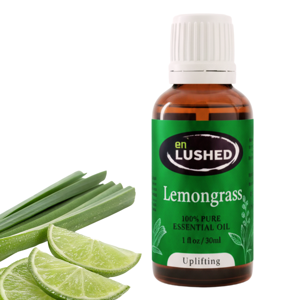 Lemongrass Essential Oil bottle with fresh lime slices