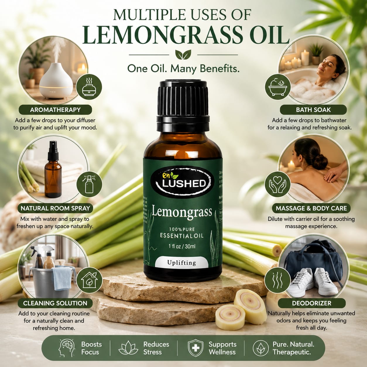 Lemongrass essential oil for diffuser, skin and muscle pain relief - multiple uses