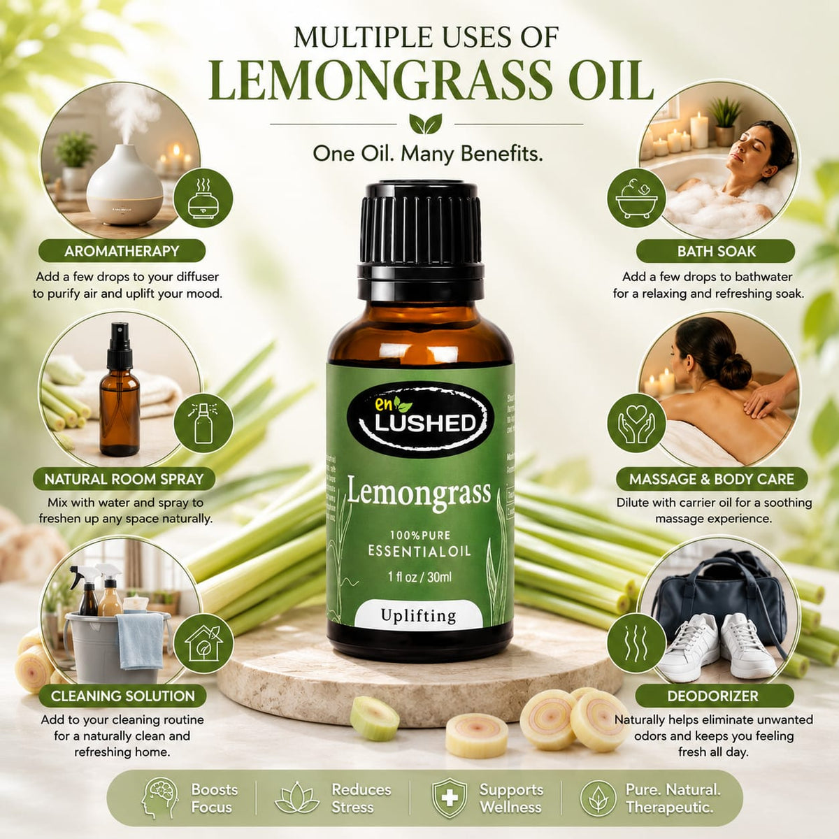 Lemongrass essential oil for muscle pain relief and skin toning - multiple uses