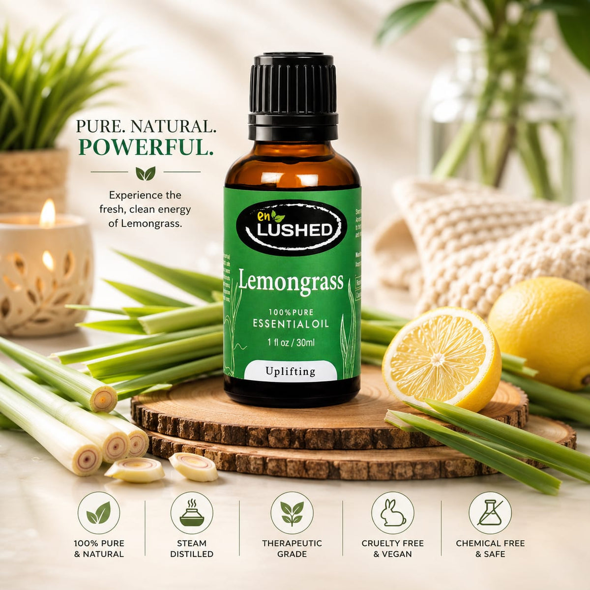 Lemongrass oil for acne and oily skin with fresh lemon slices