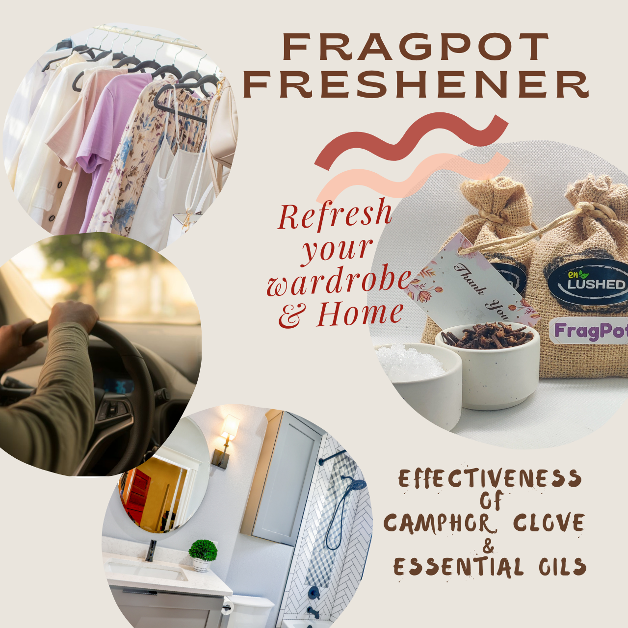 Pure Herbal Freshener Wardrobe|Clothes|Toilet|Office|Home with Pure Essential Oil, Camphor & Clove, Ultimate Fresheness & Protection from Foul Smell, infestation, Bugs & Moths