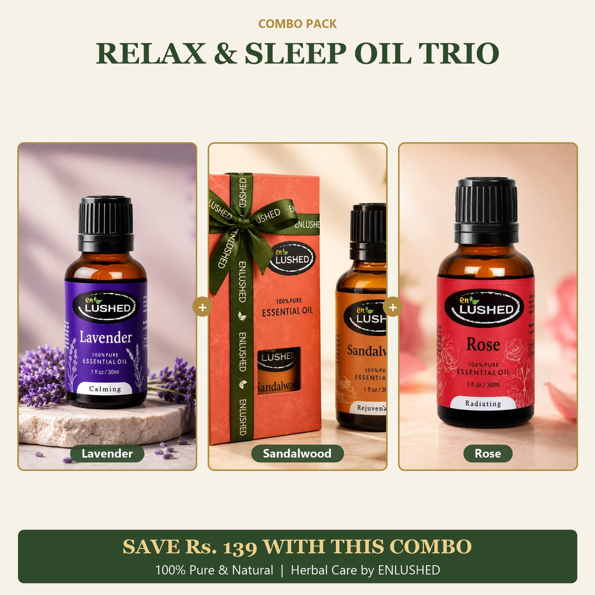 ENLUSHED Relax and Sleep Oil Trio with lavender, sandalwood and rose essential oils