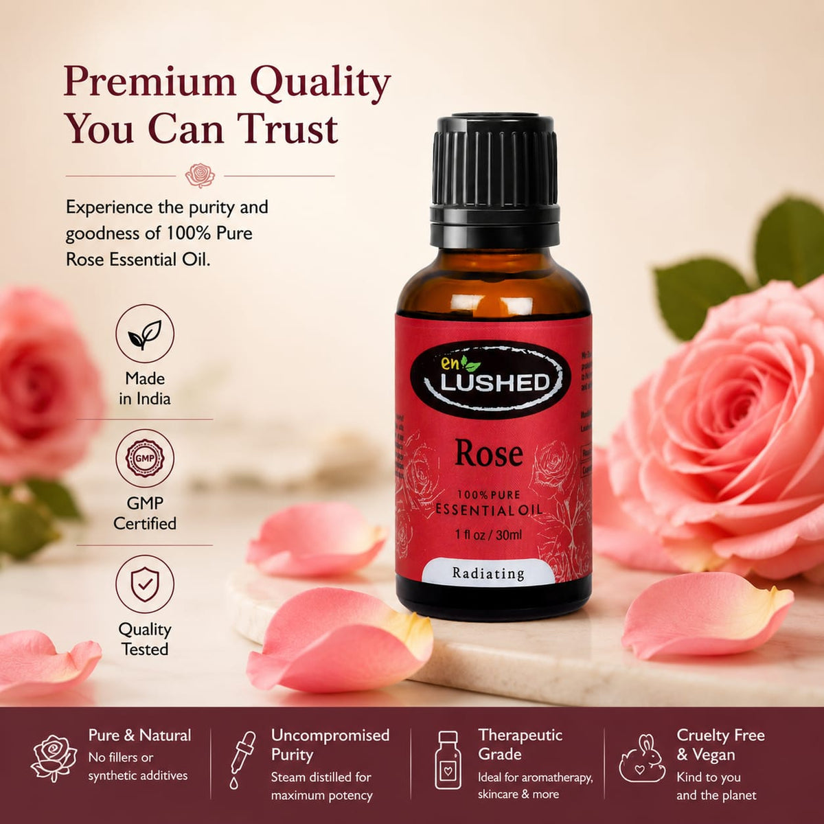 Pure Rose Essential Oil premium quality with benefit icons
