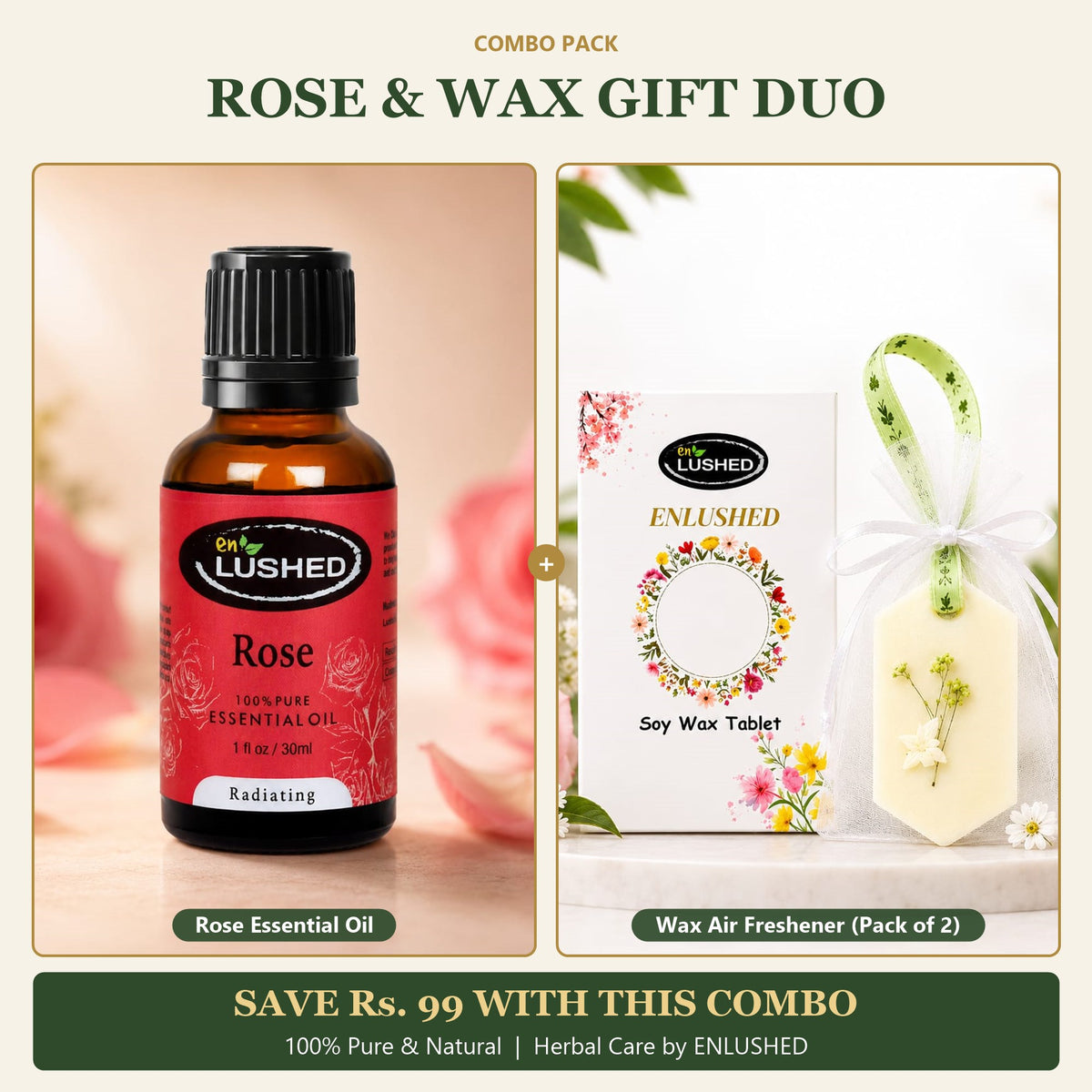 ENLUSHED Rose and Wax Gift Duo with rose essential oil and soy wax air freshener pack of 2